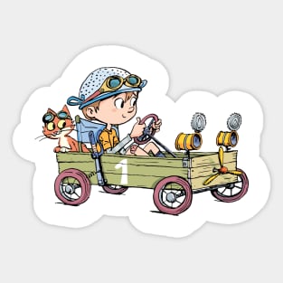 boy in a wooden cart and a cat imagines that he is in a racing car Sticker